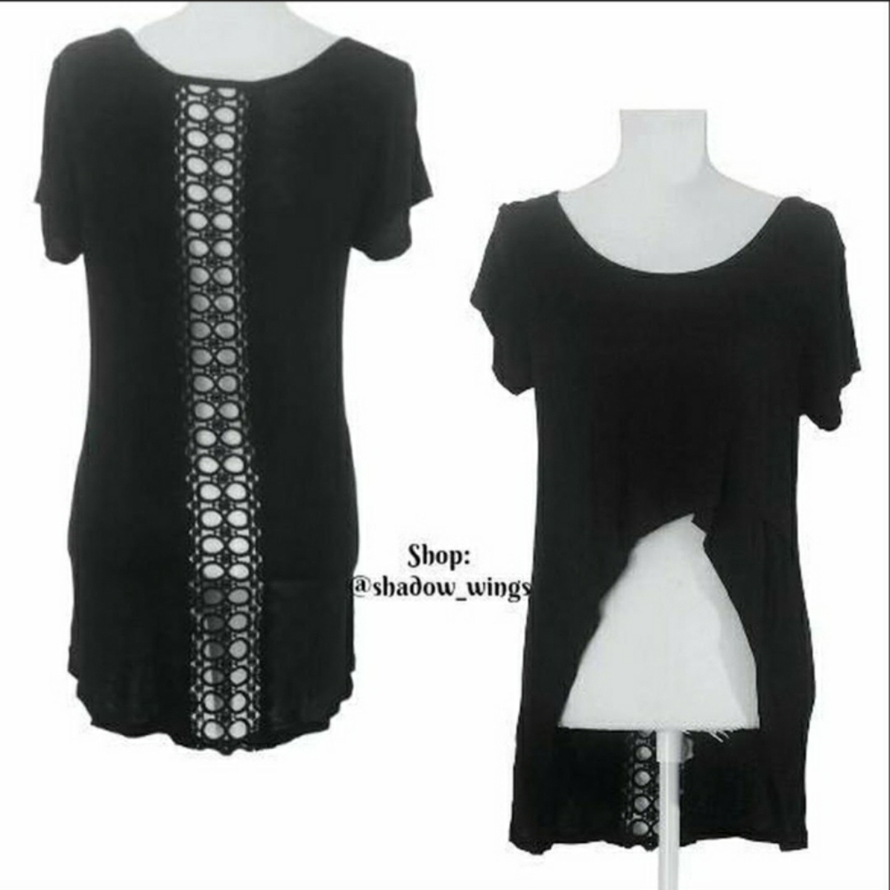 American Dream Black High-Low Crop Top with Crochet Lace Cut Out Back - Medium